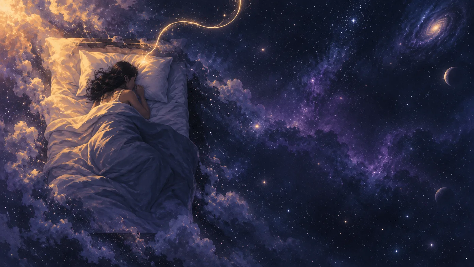 Eine schlafende Person in einem Bett, das am Rand in einen Sternenhimmel übergeht; ein feiner goldener Faden steigt vom Kissen auf