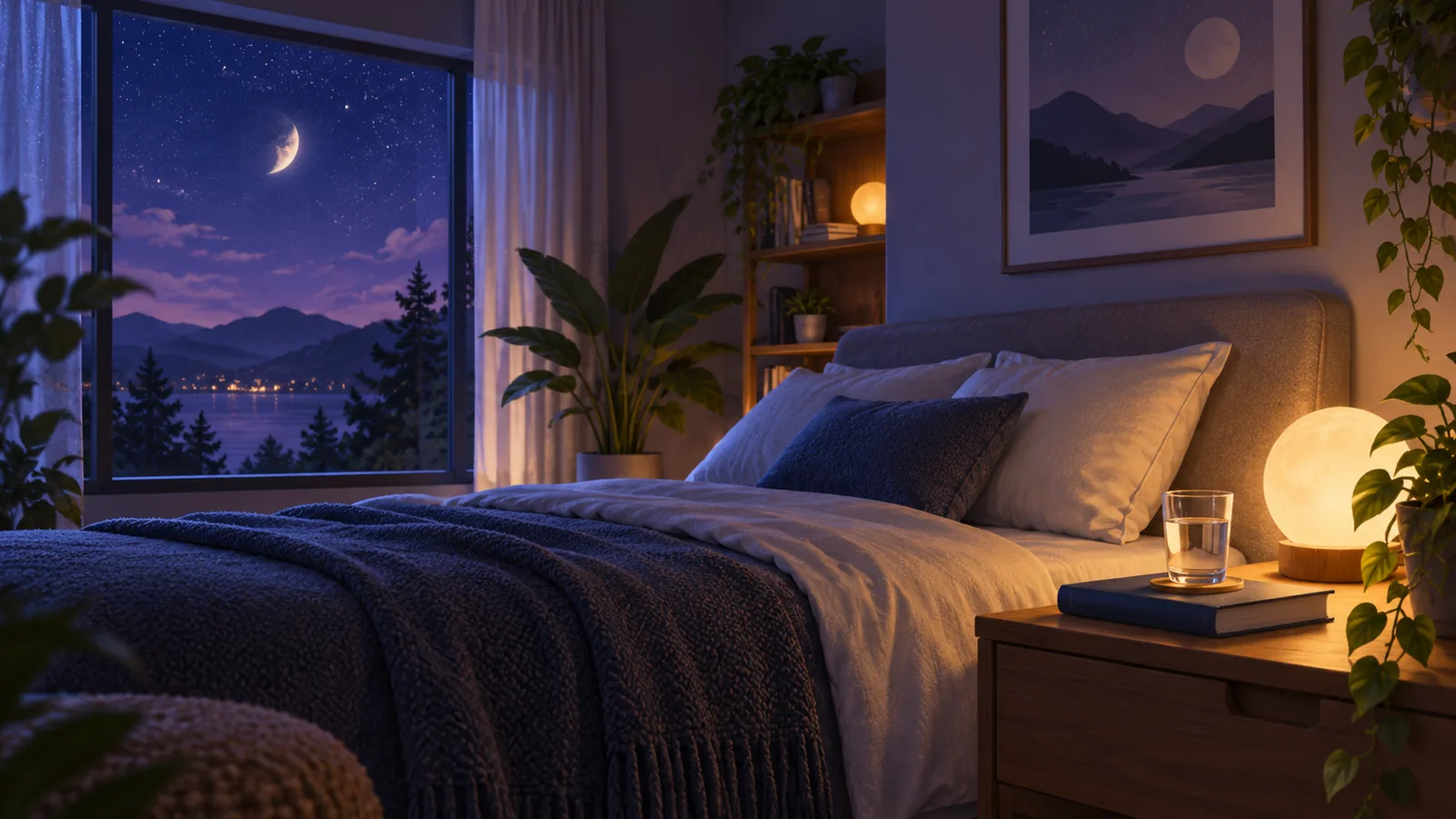 A calm bedroom at night with a nightlight, a glass of water and a book on the bedside table