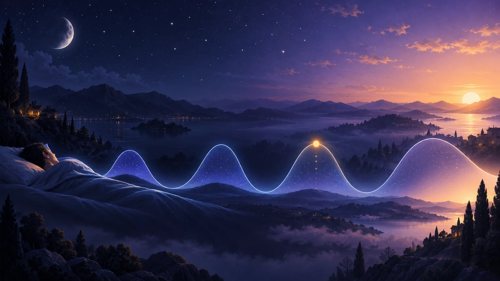Un paesaggio dal crepuscolo all’alba con le onde dei cicli di sonno e un segno ambrato che indica il breve risveglio