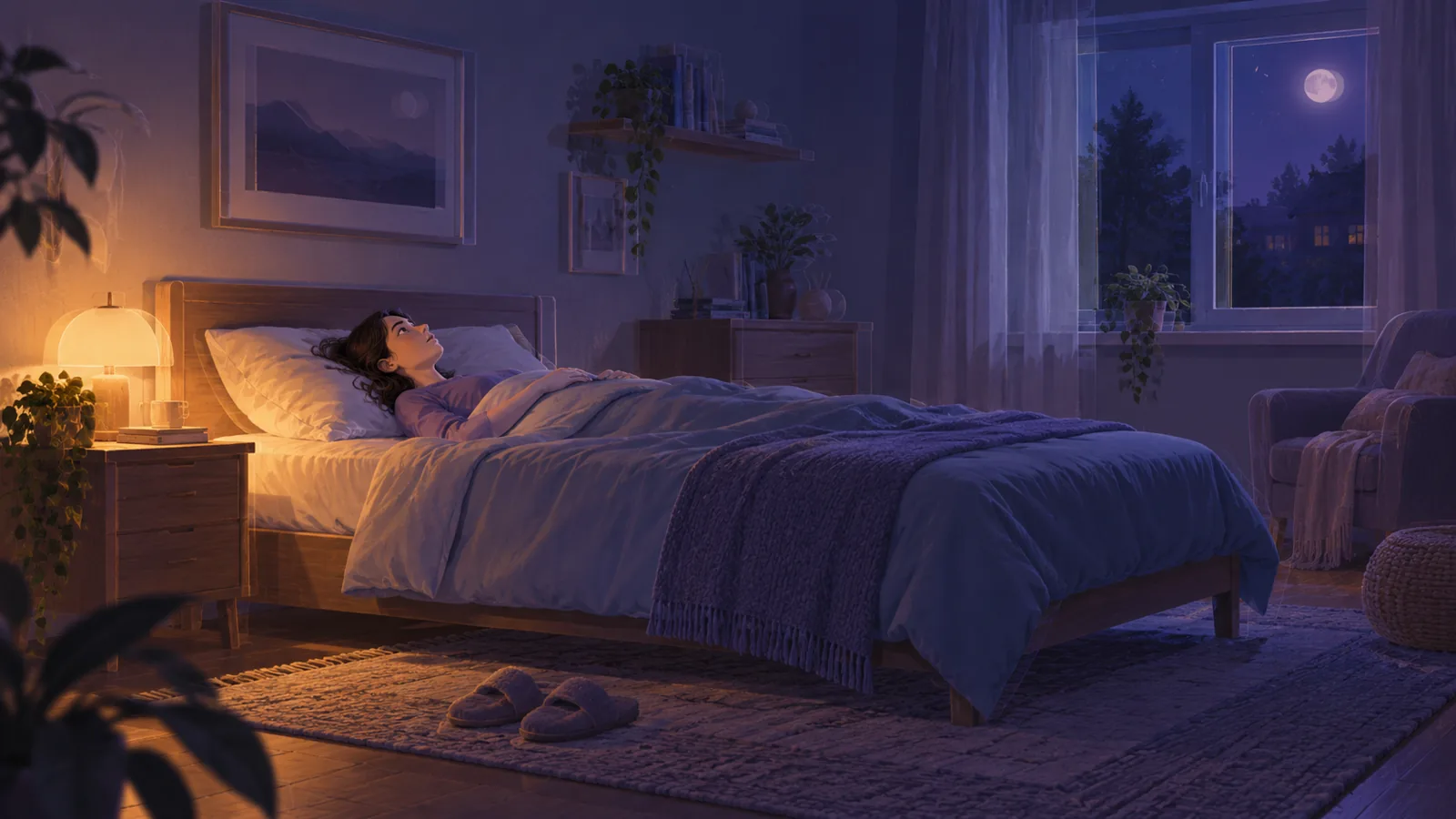 A person lying still and awake in bed in a calm, quiet room