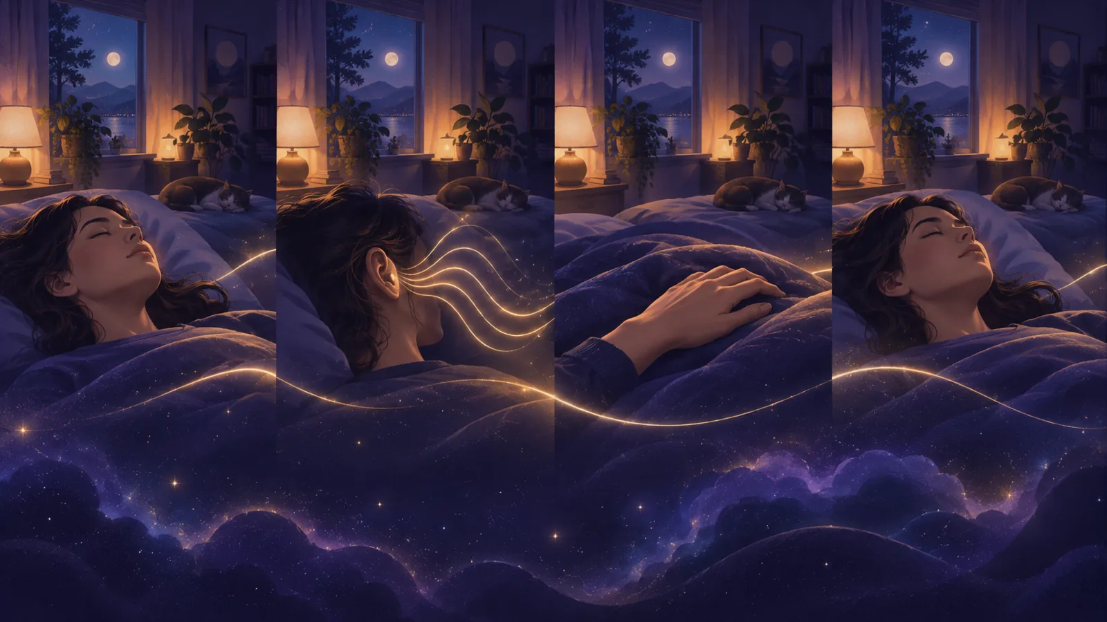 Vier Schlafzimmer-Vignetten: geschlossene Augen, ein Ohr mit Schallwellen, eine Hand auf der Decke und wieder die Augen