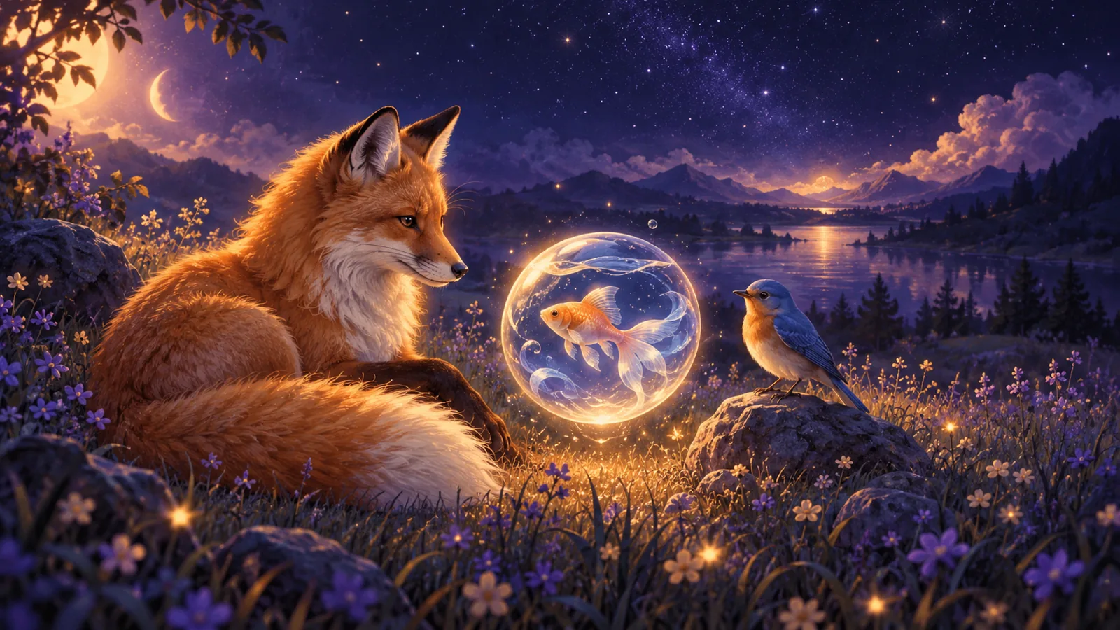 A fox, a bird and a fish in a starlit meadow