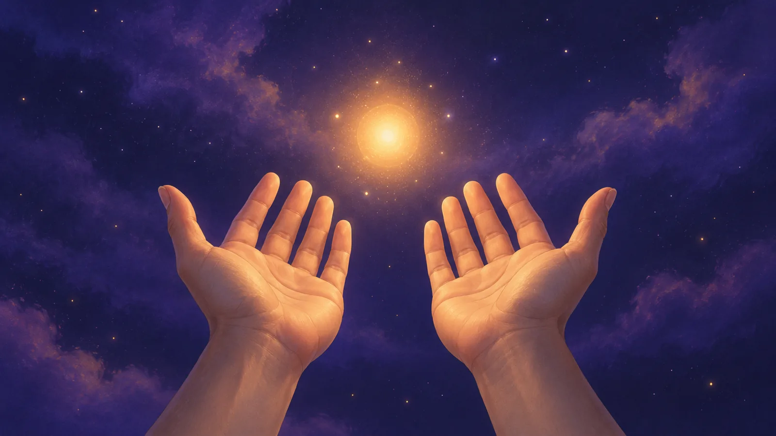 Two open hands beneath a small floating light