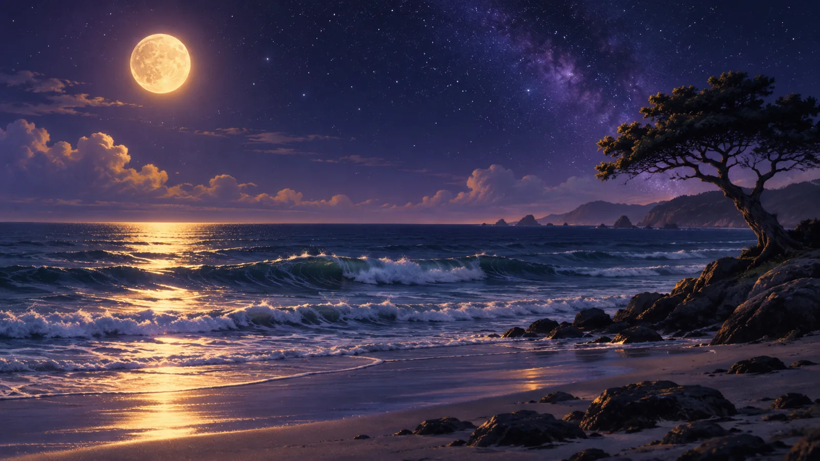 Waves under a night sky with moonlight and a lone tree