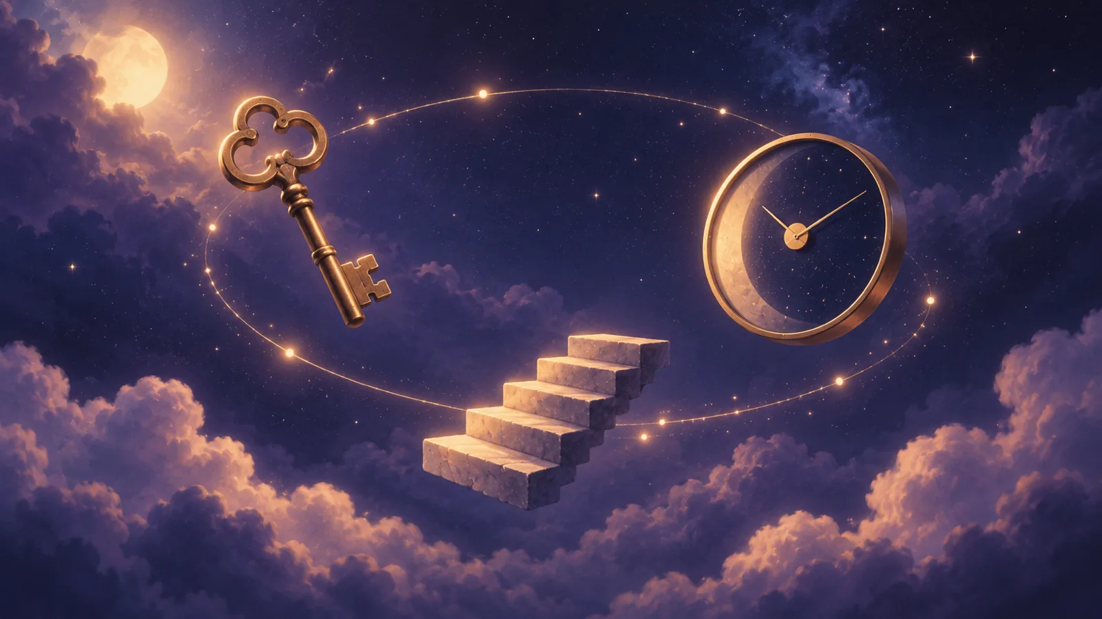 A key, a staircase and a clock floating in orbit