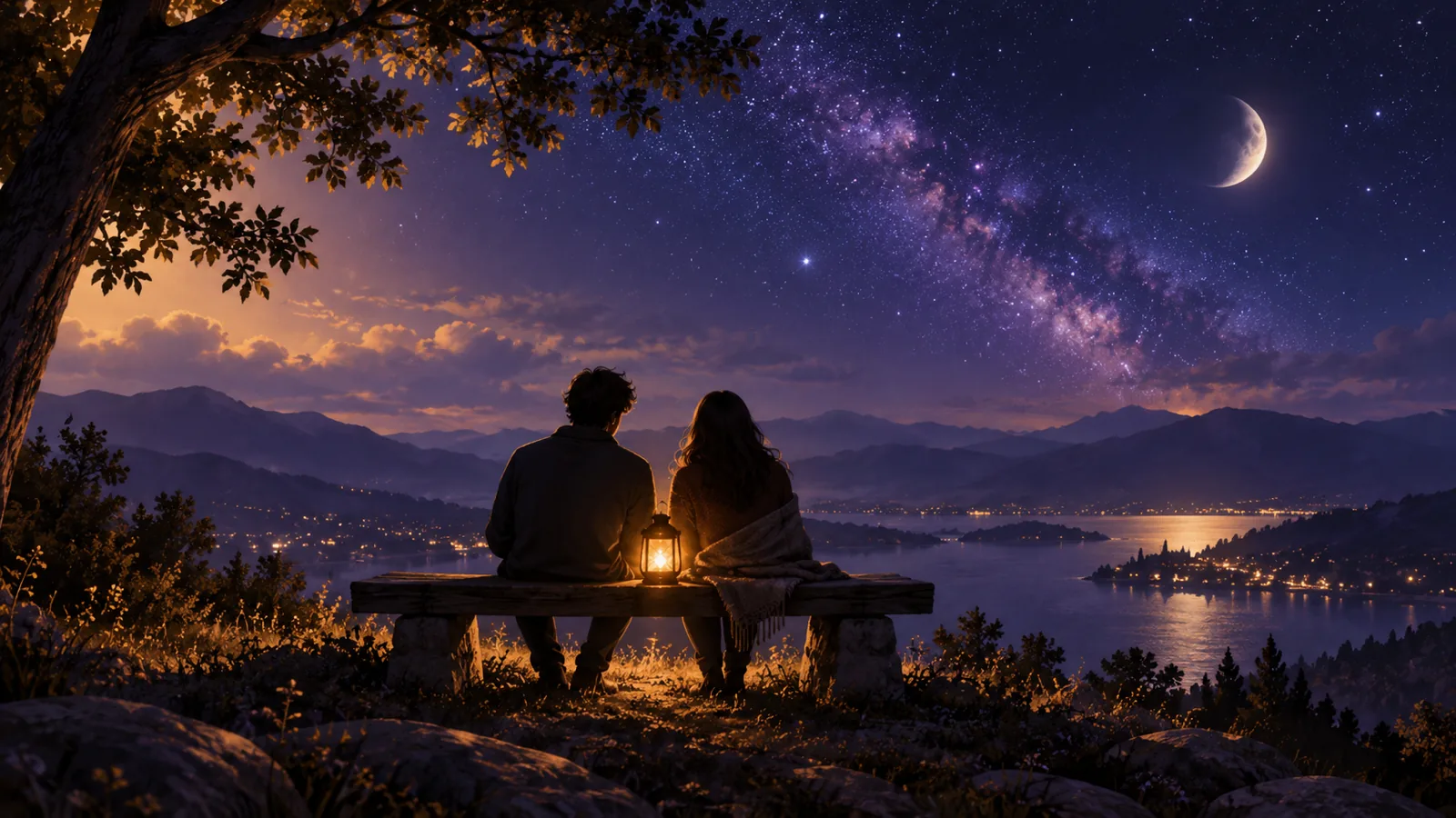 Two figures on a bench under a night sky