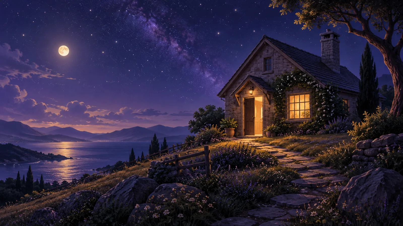 A house on a hill at night with one lit window
